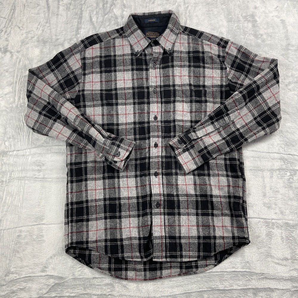 Pendleton Fireside Flannel Shirt Mens M Gray Black Plaid Collared Button Down